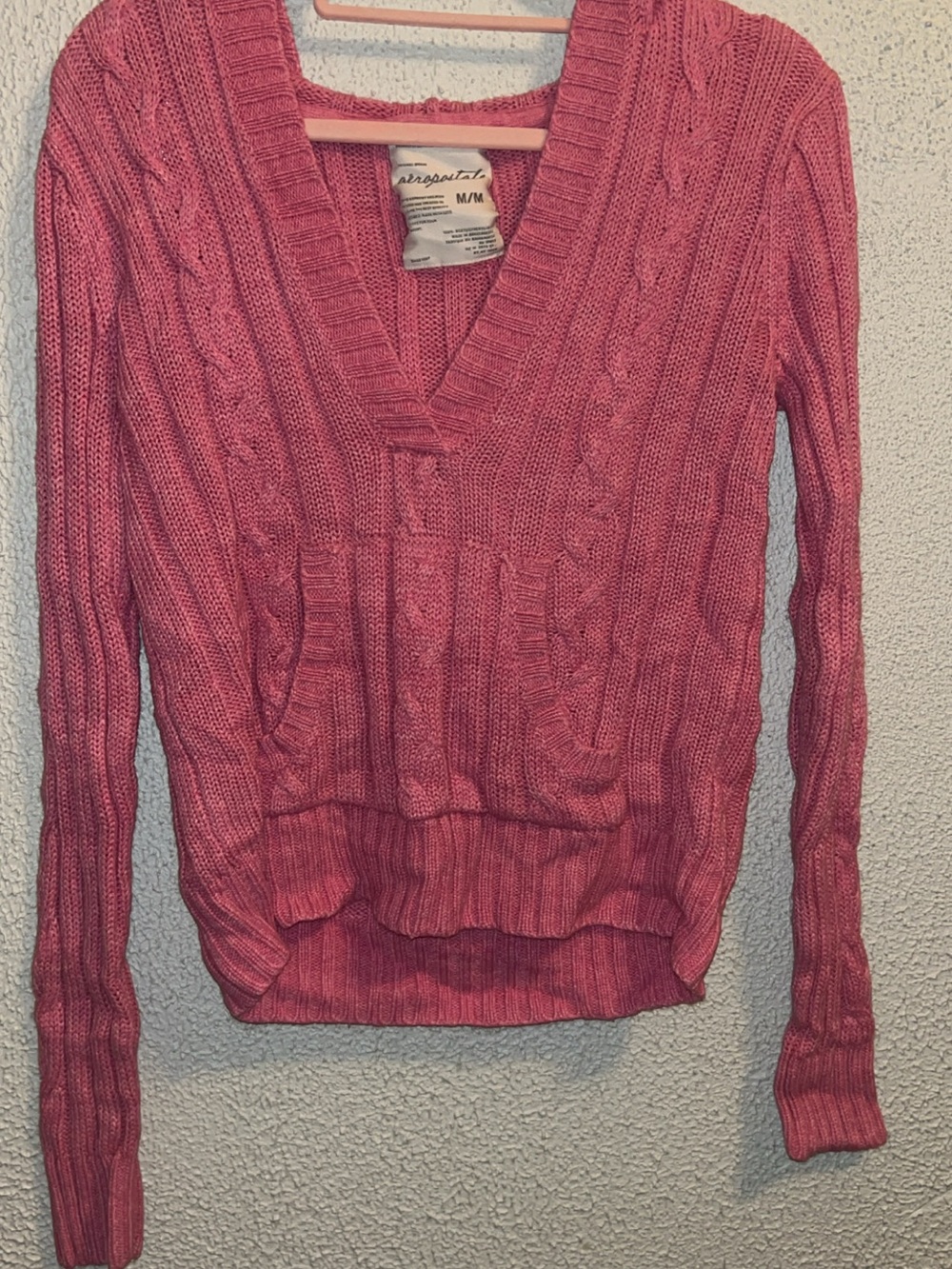 Aeropostale Pink Cable-Knit V-Neck Pullover with Front Pockets